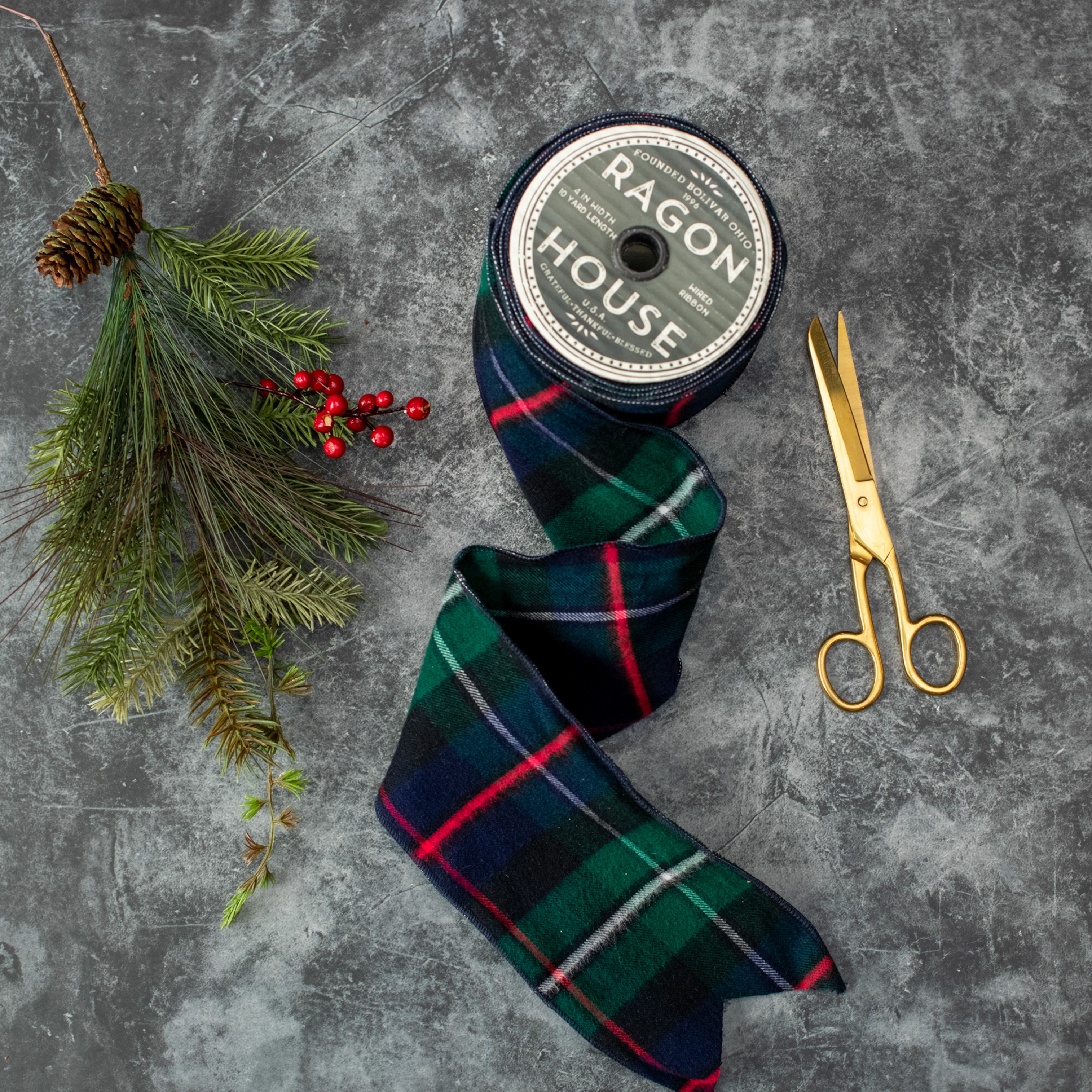 GREEN TARTAN WIRED RIBBON