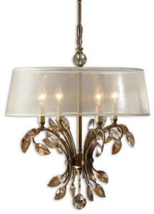 Alenya Chandelier 4 Light Metal/Crystal/Fabric Silken Champagne Sheer Fabric