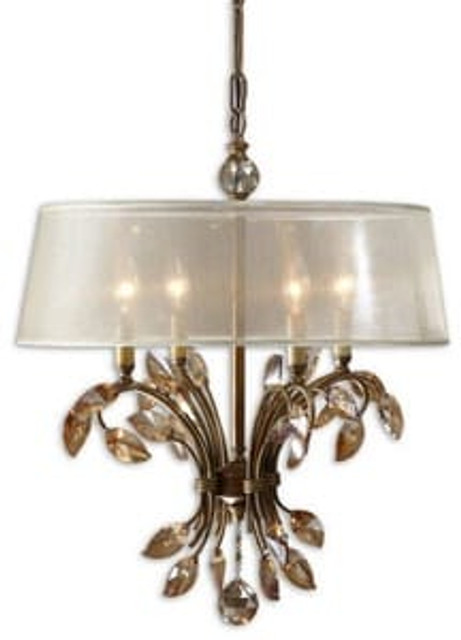 Alenya Chandelier 4 Light Metal/Crystal/Fabric Silken Champagne Sheer Fabric