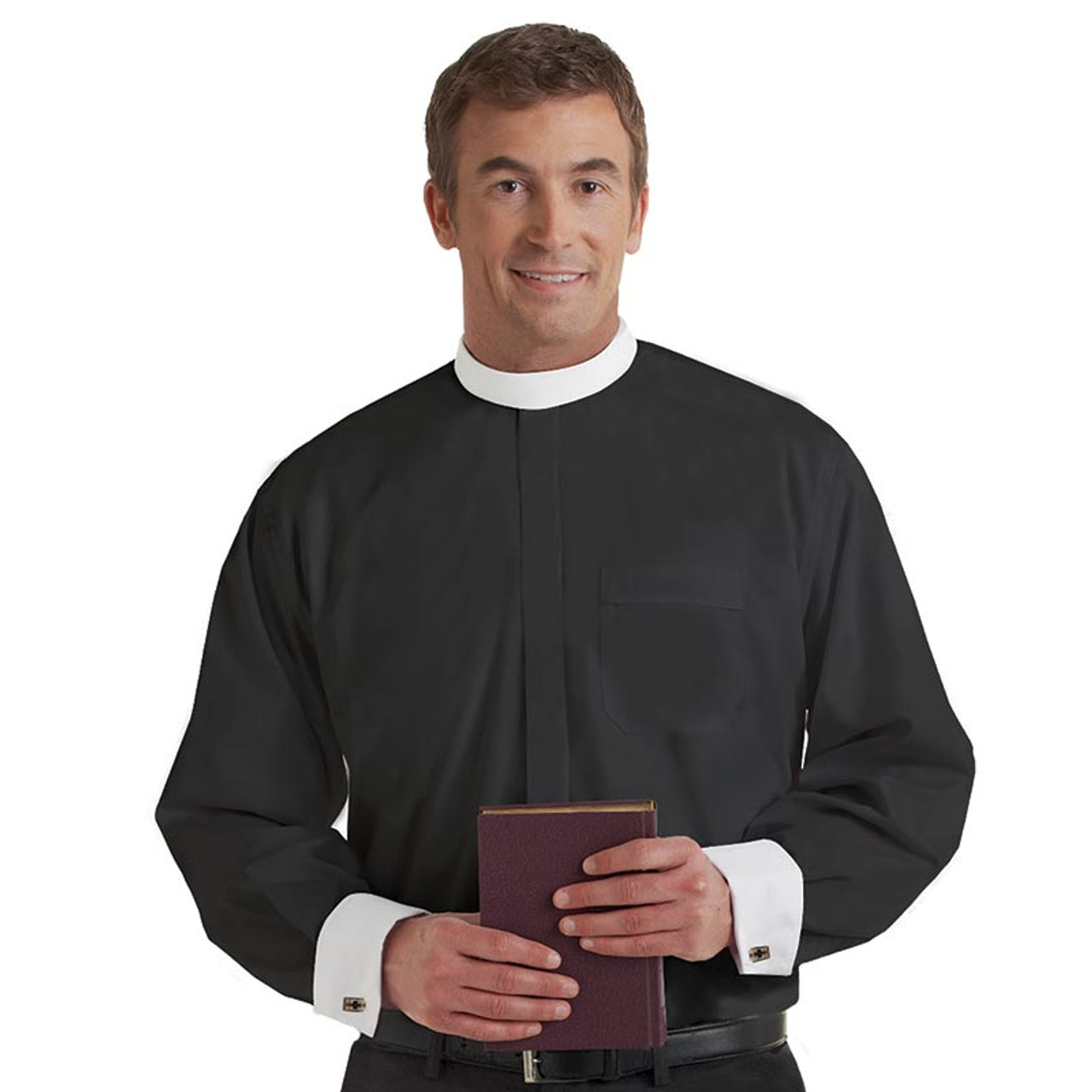 French Cuff Banded Collar Shirt - Black with White Cuff -  [Wholesale]Christian Brands Church Supply