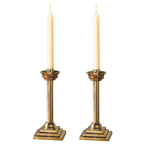 CB Church Supply Candle Holders Square Base Candlesticks by Will & Baumer,  Set of 2, Polished Brass