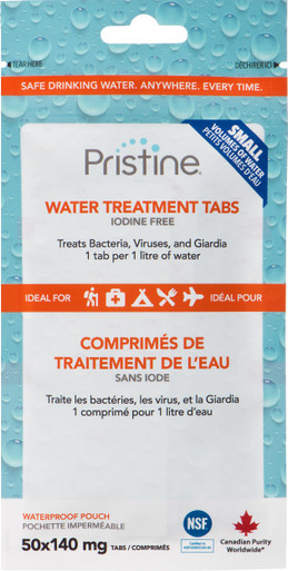 Pristine Pastilles de traitement de l'eau, 50 comprimés, 1 tablette = 1  litre d'eau, comprimés sans iode pour randonnée, camping, trousse de  premiers secours, voyages et préparatifs d'urgence : : Sports et