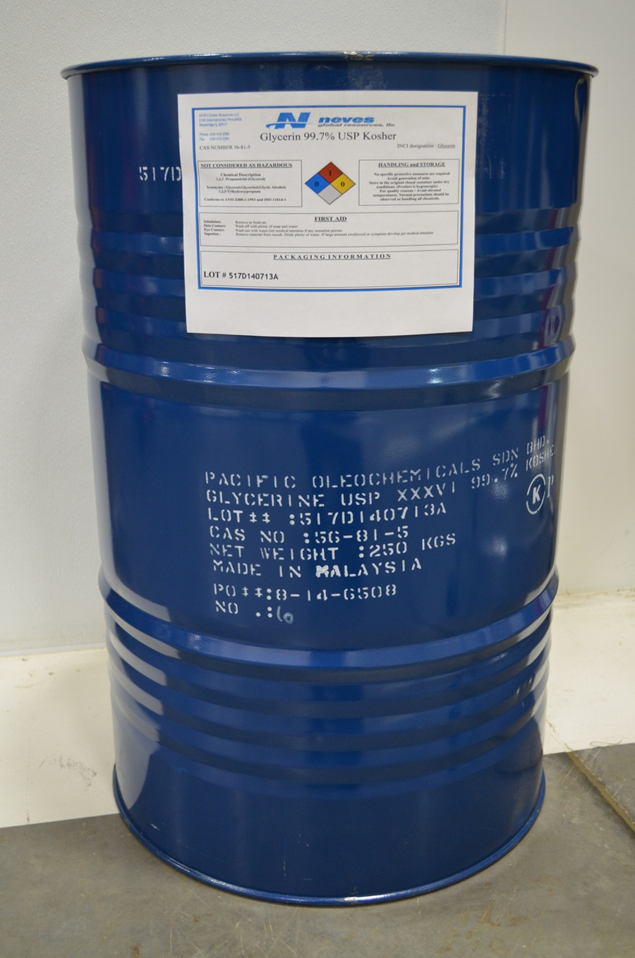 99.7% USP Kosher NonGMO Palm Glycerin ($1.15/lb for 4-55 gallon / 551 lb net) STEEL Drums ISO cGMP - KLK Brand