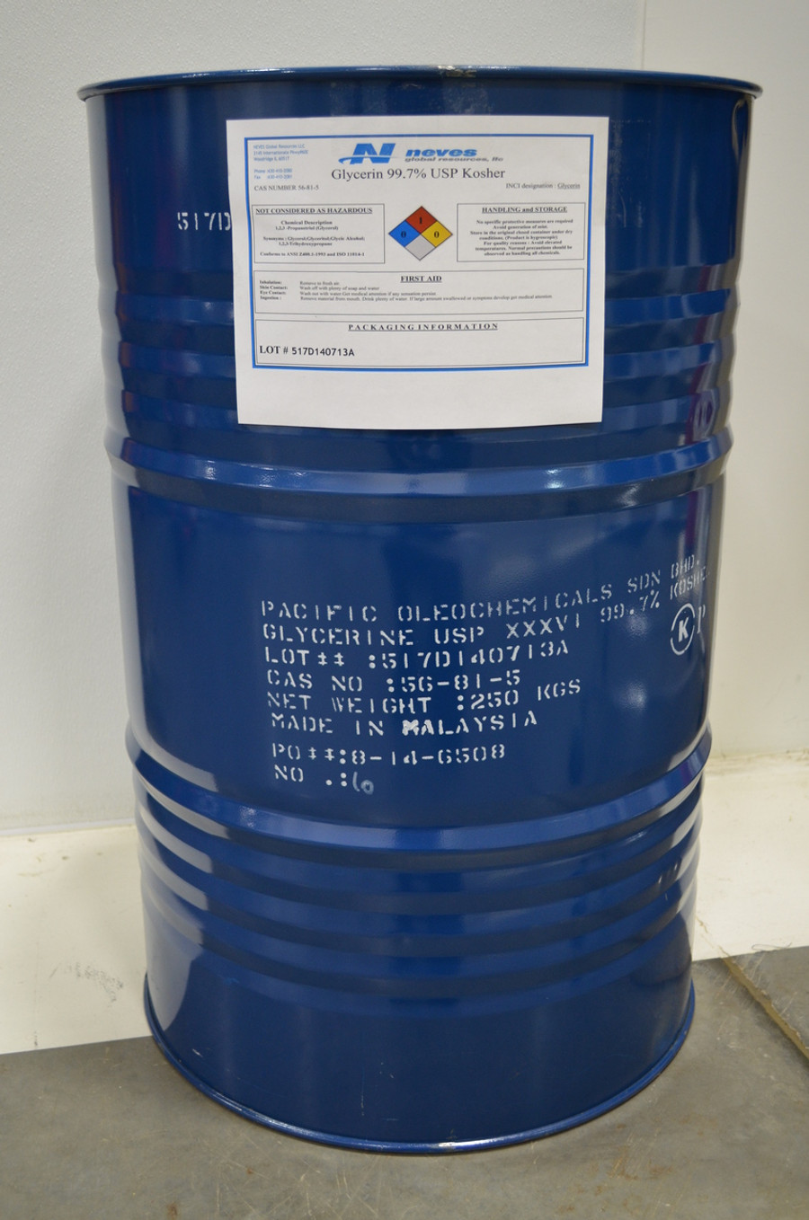 99.7% USP Kosher NonGMO Palm Glycerin ($1.45/lb for 55 gallon / 551 lb net) STEEL Drum ISO cGMP - Ecogreen Brand