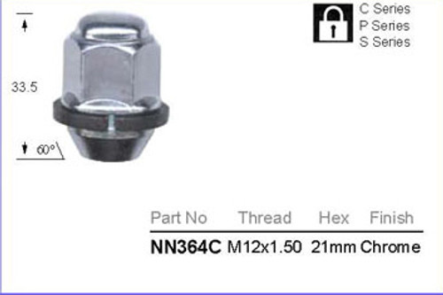 M12 x 1.5 Chrome Wheel Nut 21mm Hex - osc - WN28-NN364C