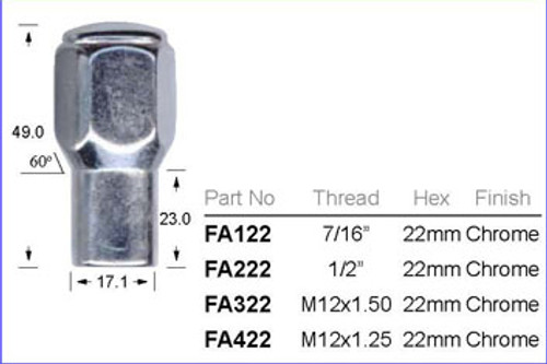 1/2" Chrome Wheel Nut 22mm Hex - osc - WN31-FA222