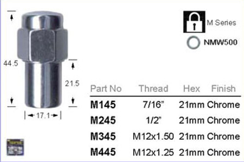 7/16" Chrome Wheel Nut 21mm Hex - osc - WN32-M145