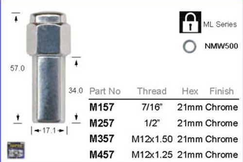 1/2" Chrome Wheel Nut 21mm Hex - osc - WN33-M257
