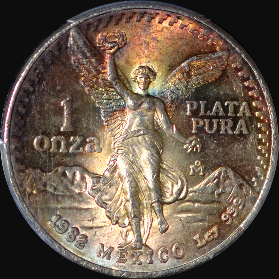 PCGS MS66 1982 Mo Mexico 1 Silver Onza, rainbow toned!