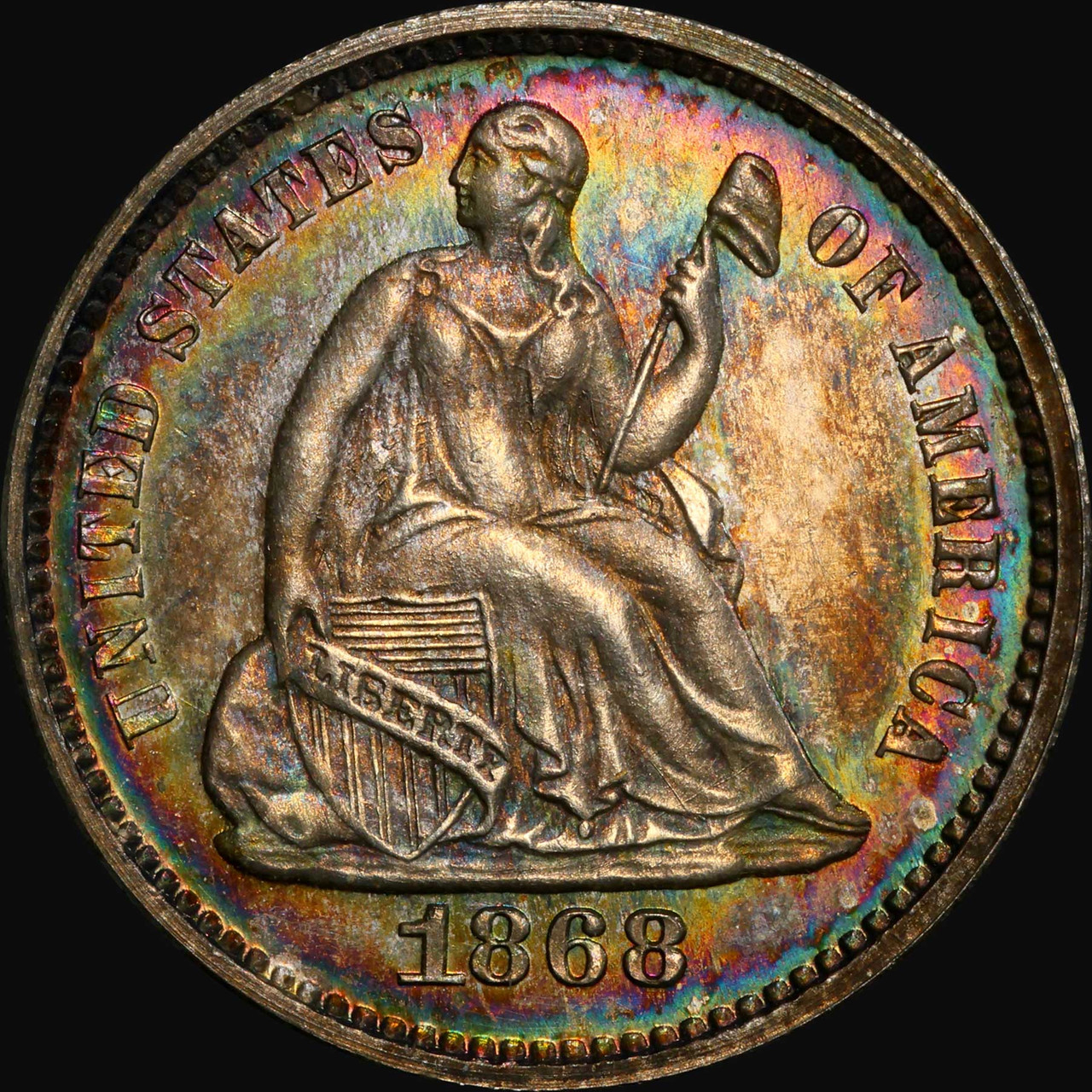 PCGS PR63 1868 H10C Liberty Seated Silver Half Dime Monster Toning