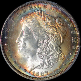 PCGS MS65 1887 Morgan Dollar Target rainbow toning both side!!