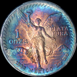 PCGS MS65 1982 Mo Mexico 1 Silver Onza,  amazing toning!