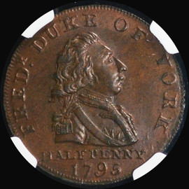 NGC MS65 1795 Great Britain Middlesex. National Series copper 1/2 Penny Token.  Ex. Jeff Garrett