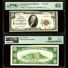 PMG 63 EPQ 1929 The First National Bank, Cape Girardeau, Missouri - $10 Ty. 1 Ch. # 4611