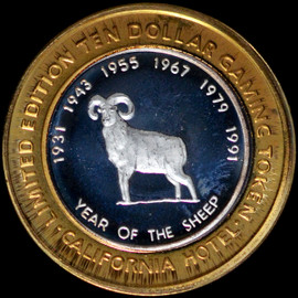 .999 Silver 1991 Sam Boyd's California Ten Dollar Casino Token Year of Sheep SM2129