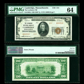 PMG 64 1929 The Lechmere National Bank， Cambridge，Massachusetts Ty. 2 $20  NB CH#614