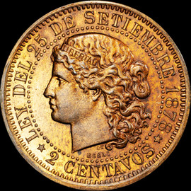 PCGS SP63 1878 Argentina copper Pattern Essai 2 Centavo - Rare!