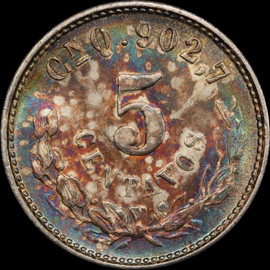 PCGS MS65 1903 Cn Q MEXICO SILVER 5 CENTAVOS Amazing toning both side!!