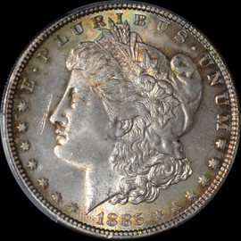 PCGS MS63 1885 MORGAN DOLLAR ~ PRETTY BLUE/GOLD RIM TONING ON BOTH SIDES!