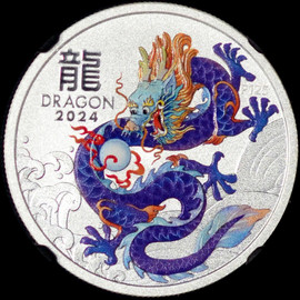 NGC MS70 2024 Lunar Year of the Dragon 1/2oz Silver Coin Color Purple -Tail Down