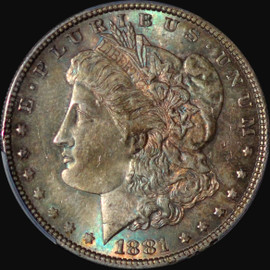 PCGS MS63 1881 Silver Morgan Dollar - Emerald toning both side!!