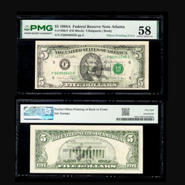 PMG 58 1988A Small Size Partial Offset Printing of Back to Front, Ink Stamps $5