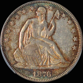 PCGS MS61 1876 Seated Liberty Silver Half Dollar nicely toned both side!!