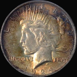 PCGS MS62 1924 Peace Silver Dollar beautiful Toning both side