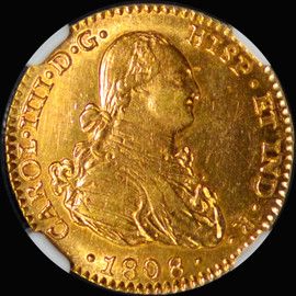 NGC MS62 1808 S-CN Spain Charles IV gold 2 Escudos, Seville mint, KM435.2