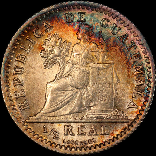 PCGS MS64 1896 GUATEMALA  Republic AR ½ real, rainbow toning,  ex James Farr Collection