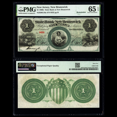 PMG Gem 65 EPQ 1860 New Brunswick, NJ- State Bank at New Brunswick $1 G16a