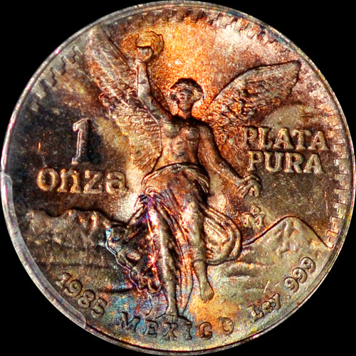 PCGS MS67 1985 Mo Mexico Silver 1 Onza - stunning toning both sides!!!