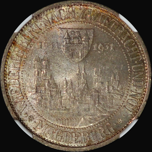NGC MS64 1931 Germany Weimar Magdeburg Silver 3 Mark - City View Rare in MS Toned!!!