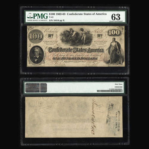PMG 63 1862 Confederate States of America $100 T-41 Unc
