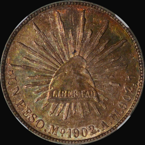 NGC MS61 1902 MO AM Mexico Peso - toned