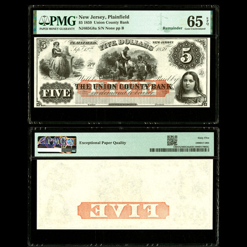 PMG GEM 65 EPQ 1859 New Jersey, Plainfield Union County Bank $5