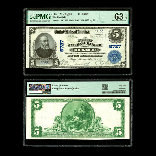 PMG 63 EPQ 1902 Hart, Michigan The First National Bank  $5 Plain Back Fr. 598 Ch. # 6727