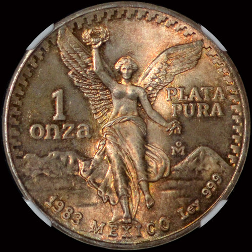 NGC MS66 1983 Mo Mexico 1 Silver Onza, toned!