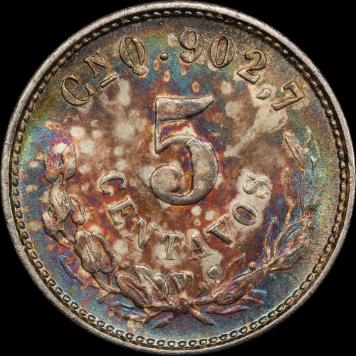 PCGS MS65 1903 Cn Q MEXICO SILVER 5 CENTAVOS Amazing toning both side!!