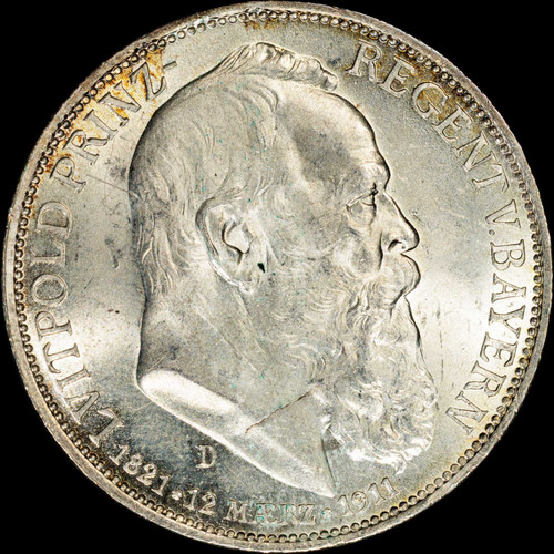 PCGS MS64 1911-D BAVARIA PRINCE REGENT LUITPOLD 90TH BIRTHDAY SILVER 3 MARK