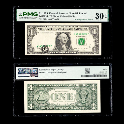 PMG VF 30 EPQ $1 1995 FRN Richmond Fr#1921-E Misalignment Error