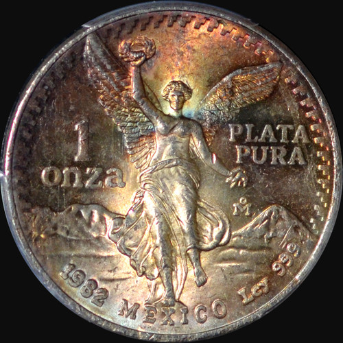 PCGS MS66 1982 Mo Mexico 1 Silver Onza, rainbow toned!