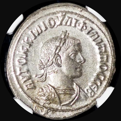 NGC MS 5/5-4/5 247-249 AD Roman Empire Philip II Tetradrachm (27mm, 12.50 gm, 7h)