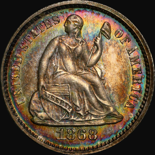 PCGS PR63 1868 H10C Liberty Seated Silver Half Dime Monster Toning! Mintage 600!