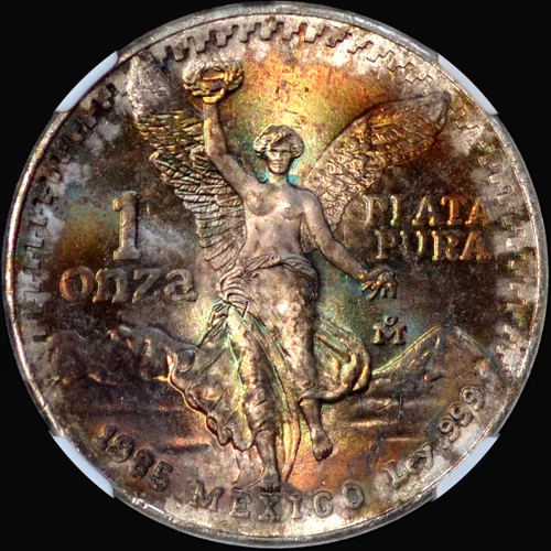 NGC MS66 1985 Mo Mexico 1 Onza Libertad 0.999 Silver End Roll TONER