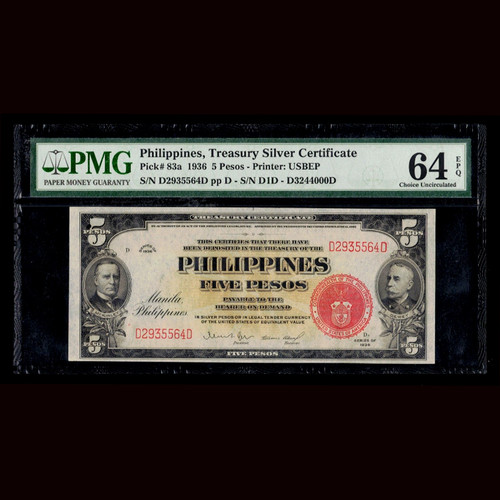 Choice Unc 64 EPQ 1936 PHILIPPINES Treasury of the Philippines 5 Pesos P-83a