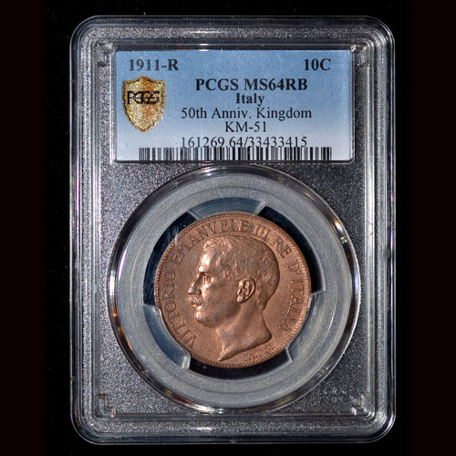 PCGS MS64RB 1911-R Italy 10 Centesimi, Sharply struck