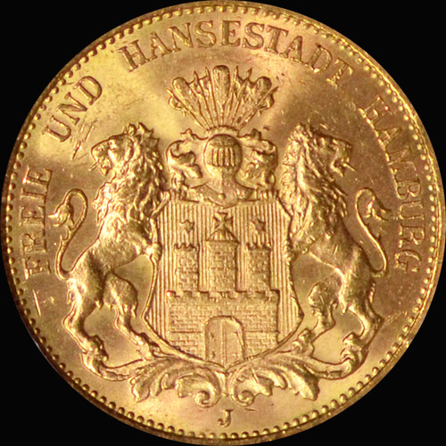 NGC MS65 1913 German States Hamburg Free City gold 20 Mark