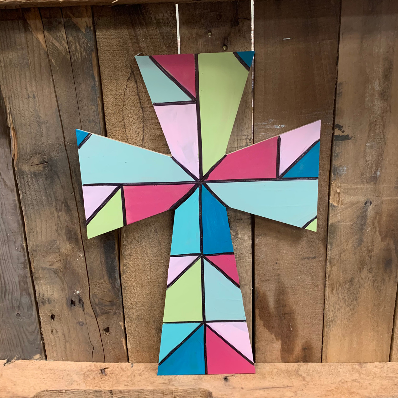 Cross 13 Mosaic Design Stained Glass Wood Shape, Paint by Line WS 