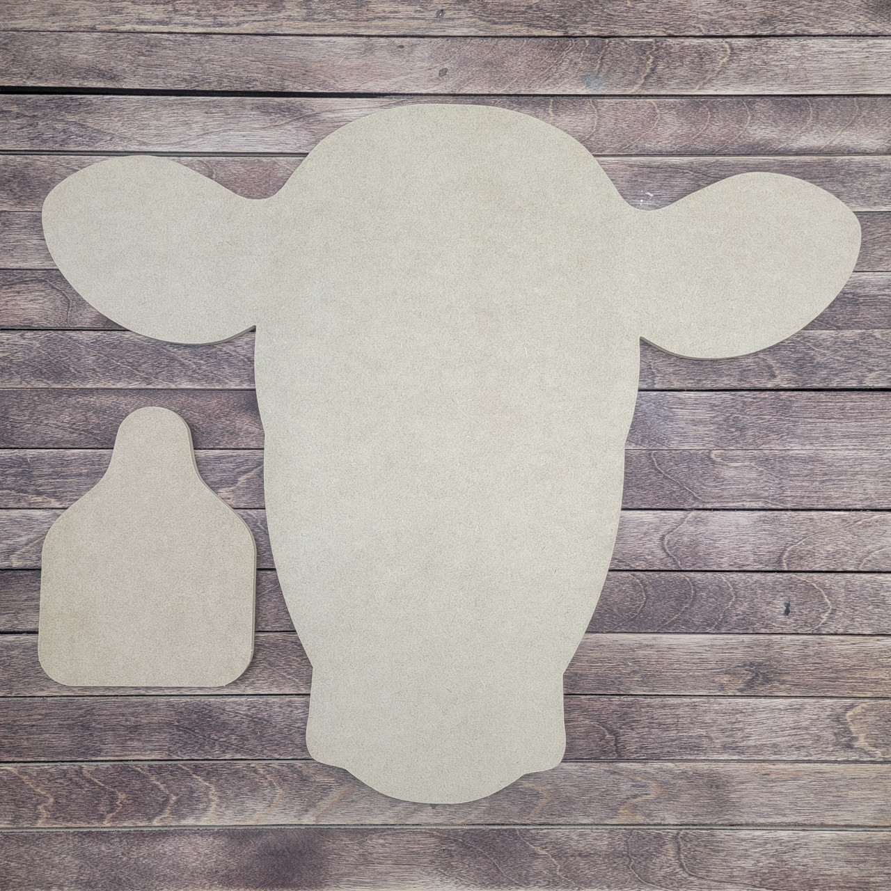 Cow Head With Cattle Tag 2 Piece Set, Unfinished Wood Cutouts WS 